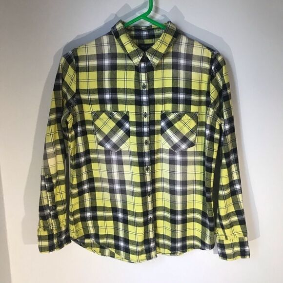 True Religion M Flannel Buttonup. Yellow/black/white plaid. Clueless Vibe!!!vmas - Picture 5 of 10
